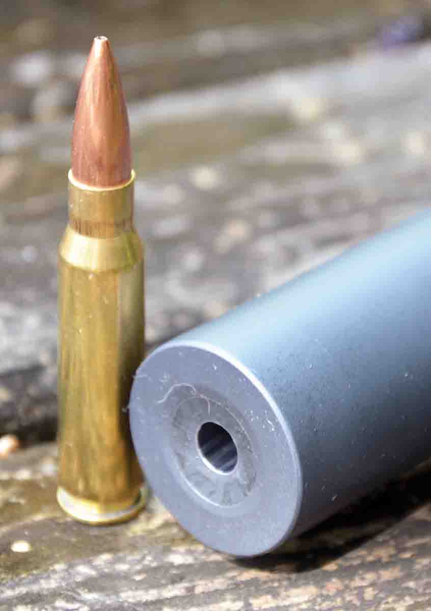 The 30-inch, non-tapered barrel measures 1.190 inches over its full length. A .308 Winchester cartridge is shown for size comparison.